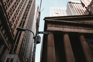 Low angle shot of wall street sign in NYC